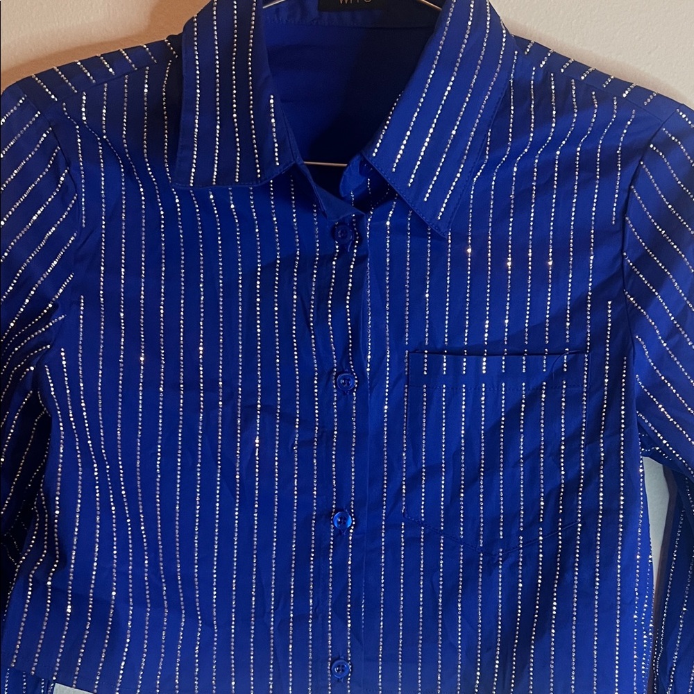 Blue Sparkle Cropped Button Down Top - image 5